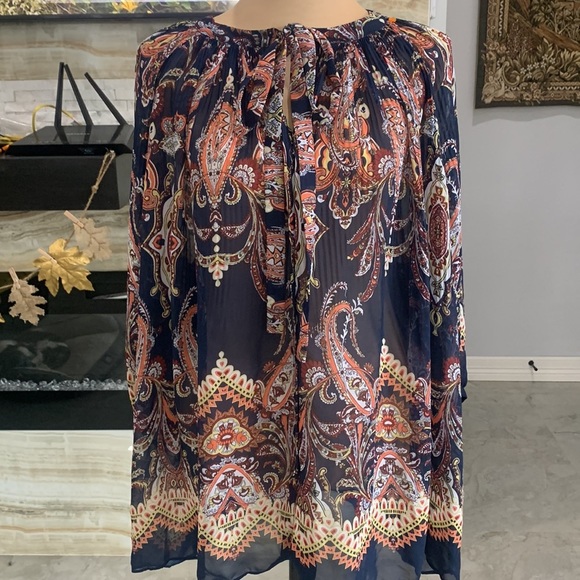 Cato Pleated Tie Front Paisley Woman’s‎ Navy Blue Blouse. Size(14-16) (70) - Picture 2 of 9